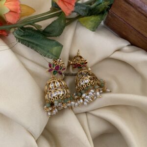 Mint and white drops Lotus jhumkas