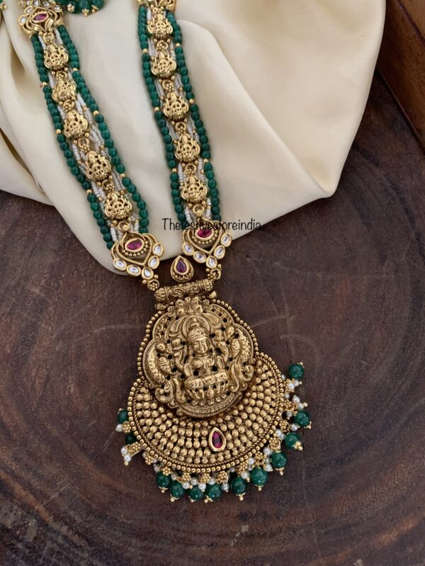 Green and white beads bridal Lakshmi haaram set