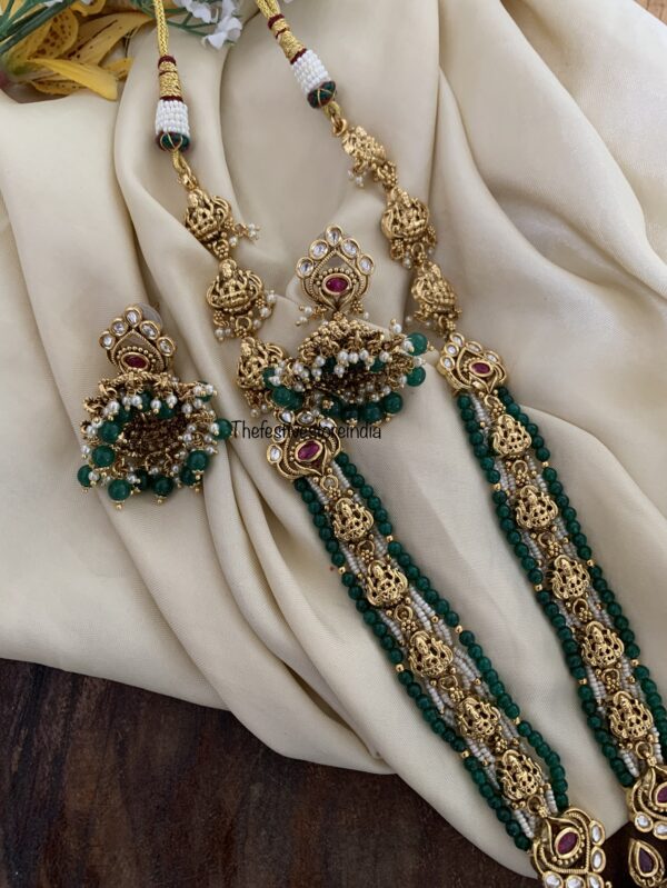 Green and white beads bridal Lakshmi haaram set