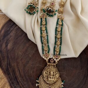 Green and white beads bridal Lakshmi haaram set