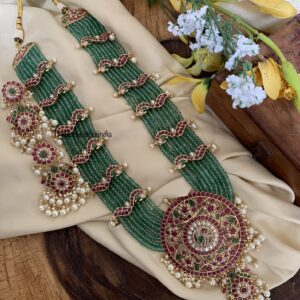 Grand Bridal round pendant green beads haaram set