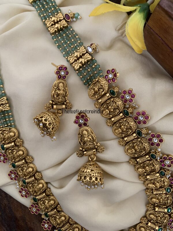 Bridal green beads lakshmi floral haaram set