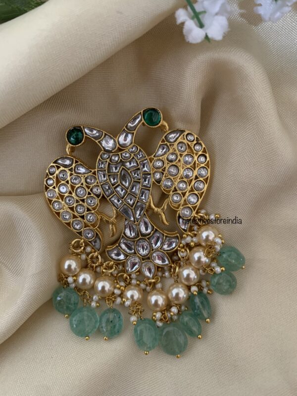 Jadau unisex all white pastel green drops Gandaberunda pendant
