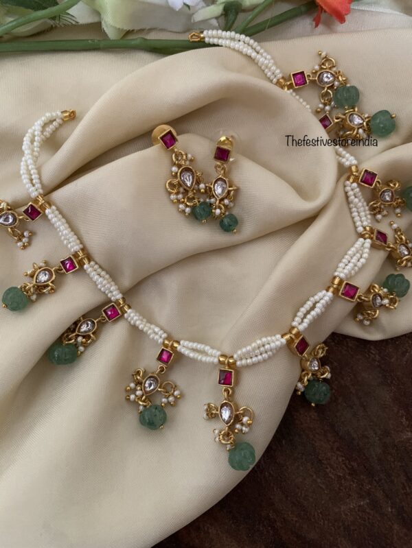 Jadau pumpkin green and pearls necklace set