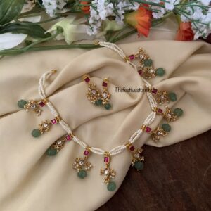 Jadau pumpkin green and pearls necklace set