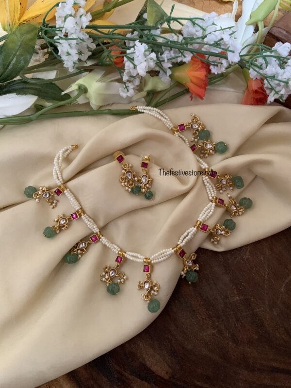 Jadau pumpkin green and pearls necklace set