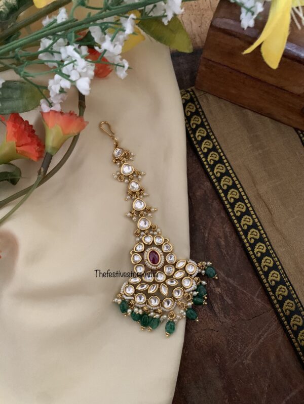 Kundan bridal green drops maangtikka