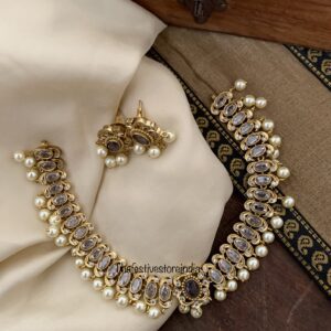 Greyish purple stone kundan pearls necklace set