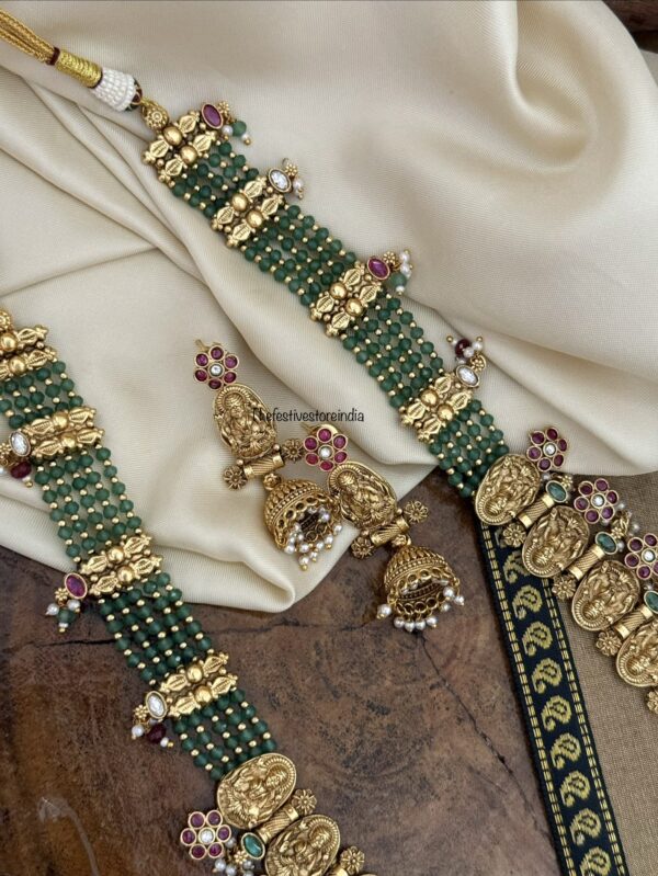 Bridal green beads lakshmi floral haaram set