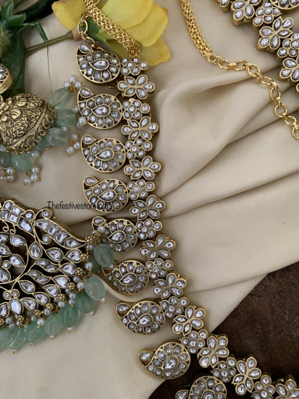 Jadau All white mint drops detachable pendant mango haaram set