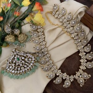 Jadau All white mint drops detachable pendant mango haaram set