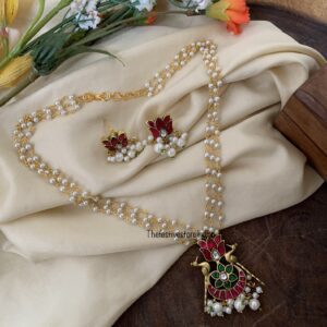 Jadau peacock lotus pearl chain set