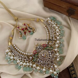Jadau bridal all white pastel green drops kanti set