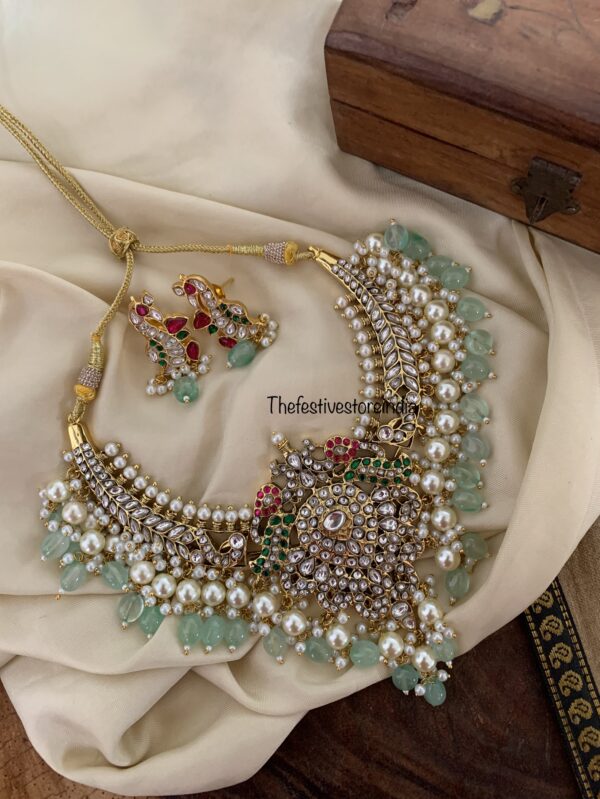 Jadau bridal all white pastel green drops kanti set