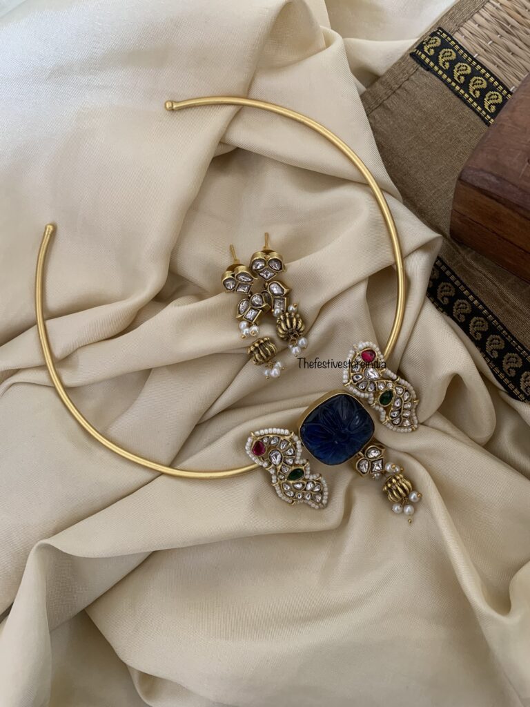 Hashmi Stone Pattern Jadau pattern stone hasli set - Blue stone - The Festive Store