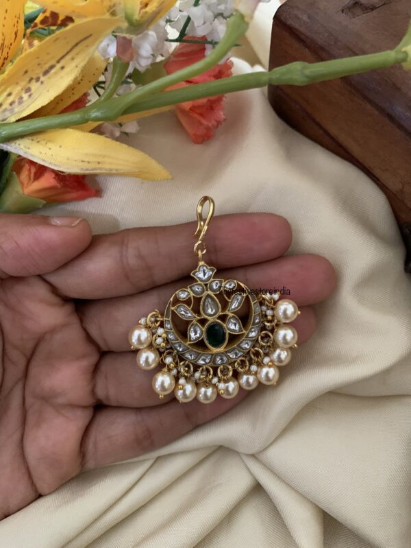Jadau hook style classic white pearl green stone maangtikka