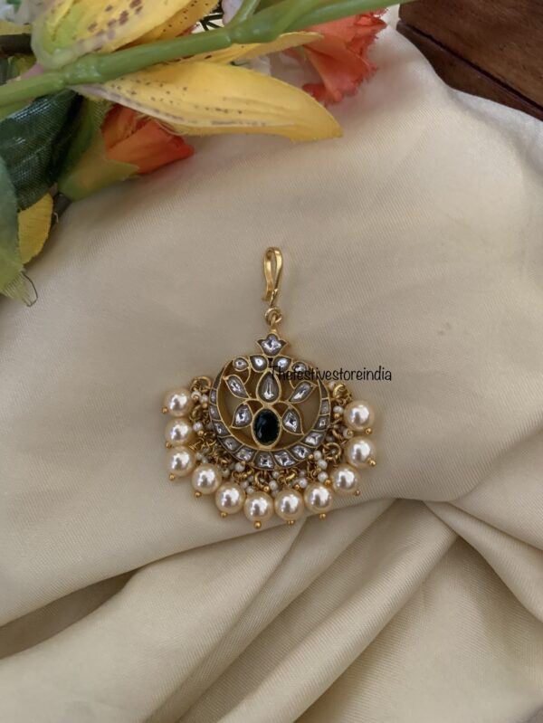 Jadau hook style classic white pearl green stone maangtikka