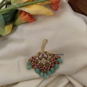 Jadau hook style pastel green drops maangtikka