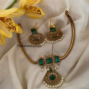 Green / Emerald stone chandbali necklace set