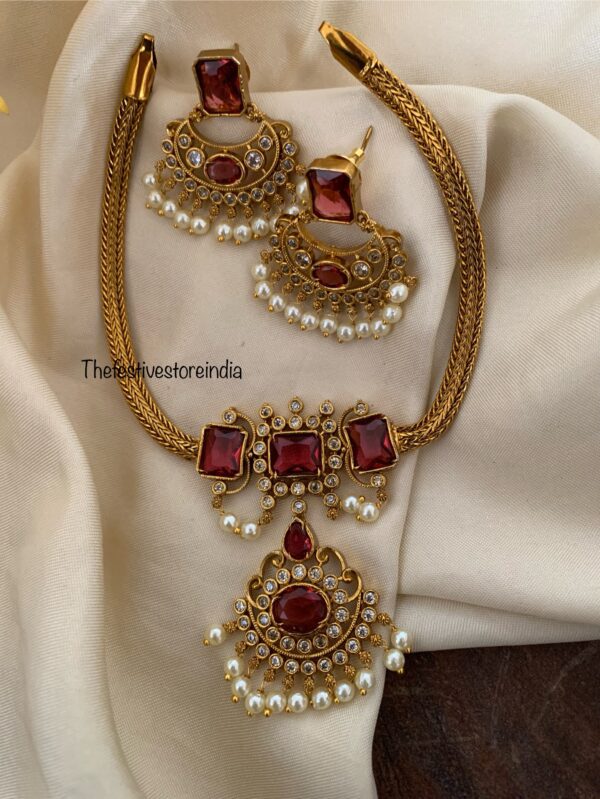 Maroon / Ruby stone chandbali necklace set