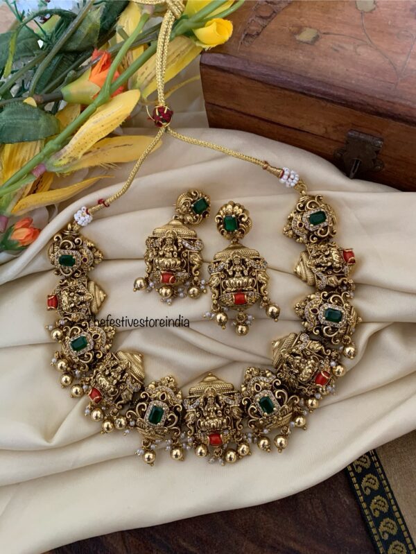 Nakshi bridal coral and emerald lakshmi necklace set