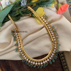 Jadau unisex white block green drops mid length chain | Groom jewelry