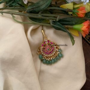 Jadau hook style green drops maangtikka