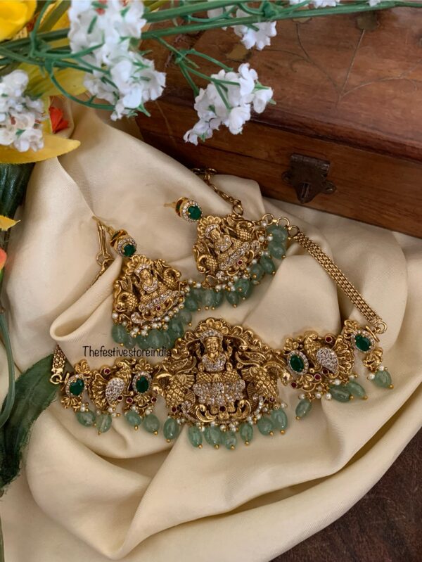 Bridal nakshi lakshmi green beads choker set