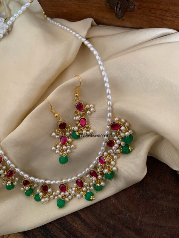 Jadau green pumpkin beads pearls necklace set