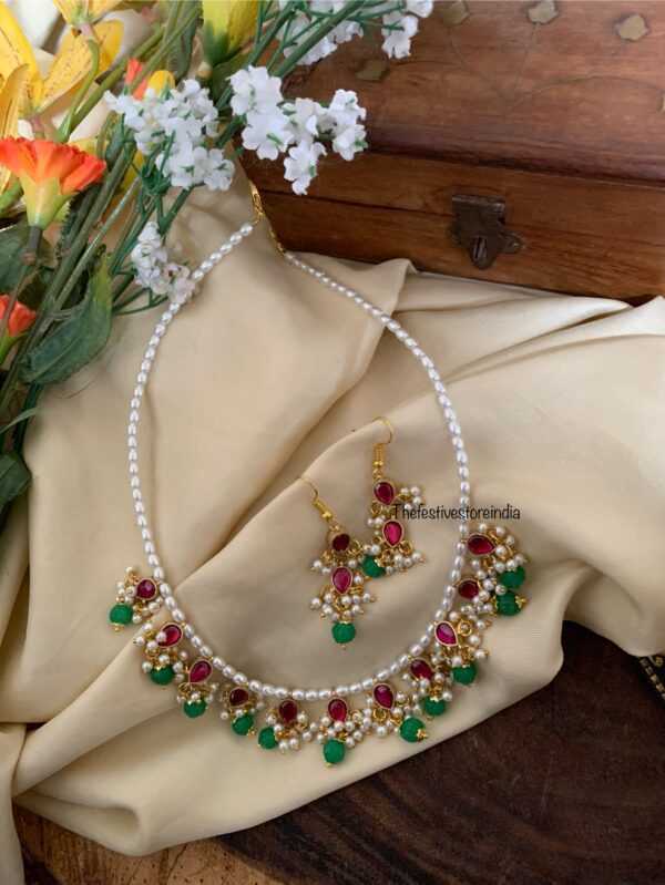 Jadau green pumpkin beads pearls necklace set