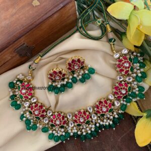 Jadau green beads lotus necklace set