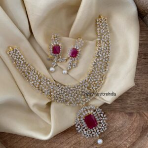 Gold polish Diamond Ruby stone necklace set