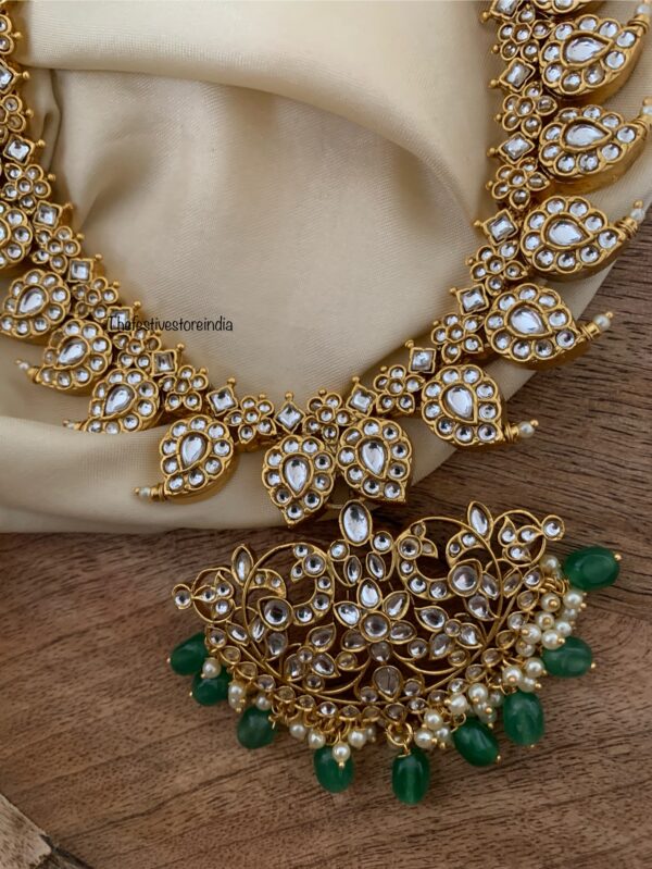 Classic bridal mango necklace set - white with green drop beads
