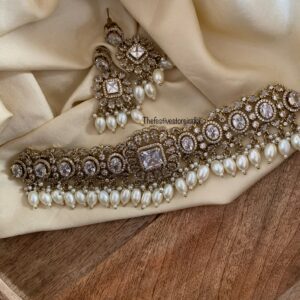 Victorian all white pearls drop choker set