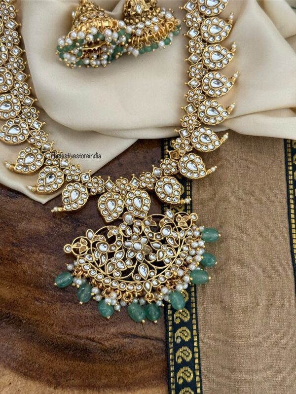 Classic bridal mango necklace set - white with green drop beads