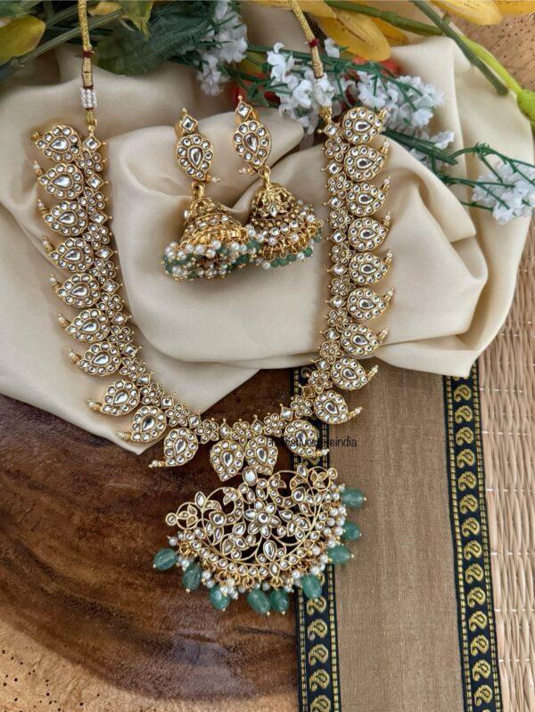 Classic bridal mango necklace set - white with green drop beads