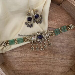 Purple pendant Budgeted bridal green crystal beads choker set