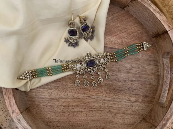 Purple pendant Budgeted bridal green crystal beads choker set
