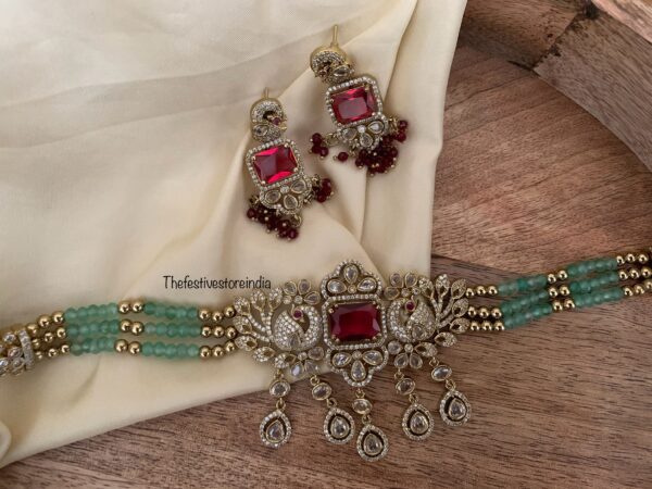 Maroon pendant Budgeted bridal green crystal beads choker set