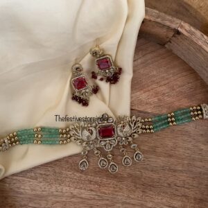 Maroon pendant Budgeted bridal green crystal beads choker set