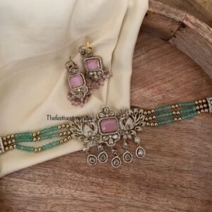 Pink pendant Budgeted bridal green crystal beads choker set