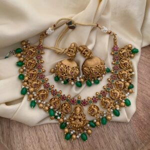 Antique polish lakshmi green beads necklace set