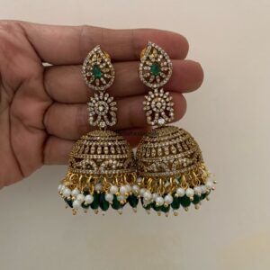 Bridal AD Jhumkas - Green drop beads