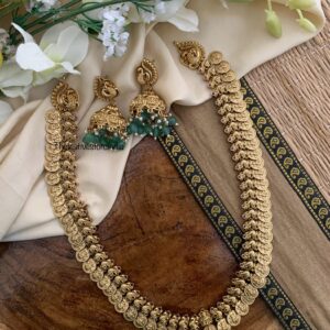 Lakshmi kaasu haaram set with Green drop Bridal jhumkas