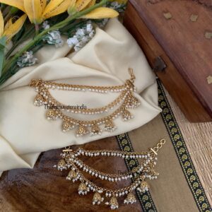 White pearls & hanging jhumka bridal ear chain