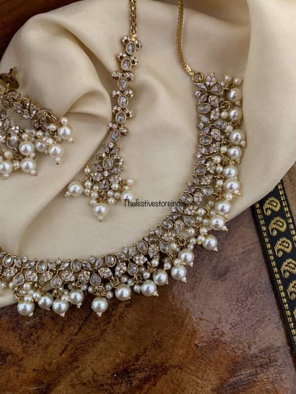 All white Victorian necklace set with maangtikka