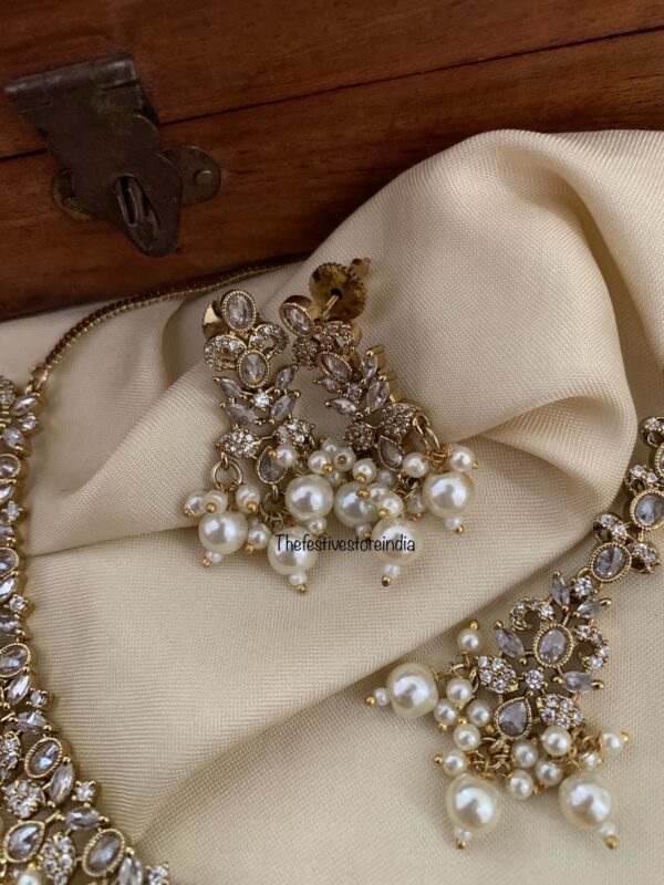 All white Victorian necklace set with maangtikka