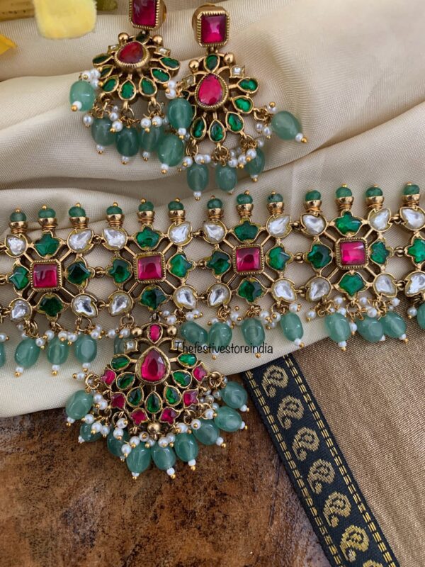 Bridal kundan kemp & green beads choker set