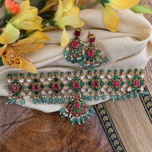 Bridal kundan kemp & green beads choker set