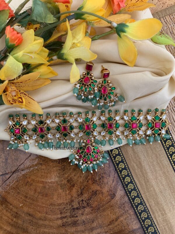 Bridal kundan kemp & green beads choker set